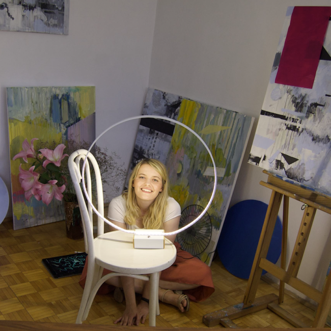 Large-format abstract artwork in neutral palette, evoking movement and layered space
