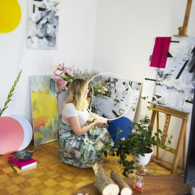 Contemporary geometric abstraction with rhythmic brushwork and architectural forms
